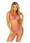 Leg Avenue Rainbow Net Bikini Top With Lace-up Detail, G-string Panty And Biker Chaps - O/s - Multicolor